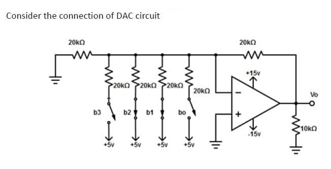 Consider the connection of DAC circuit
20ka
20ka
+15v
20KΩ
20kO
20kO
20ka
Vo
b3
b2 b1
bo
10k2
-15v
+5v
+5v
+5v
+5v
