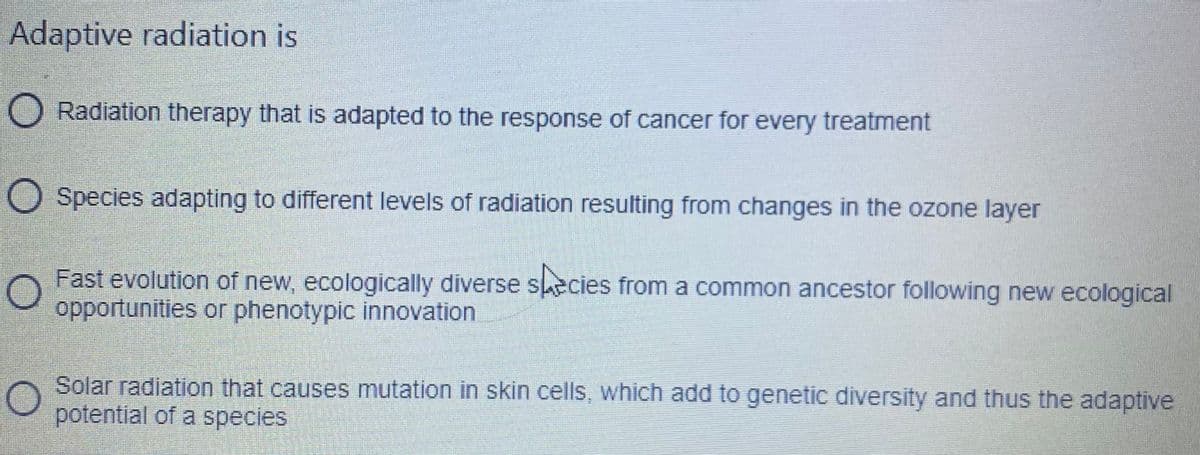 Adaptive radiation is
O Radiation therapy that is adapted to the response of cancer for every treatment
O Species adapting to different levels of radiation resulting from changes in the ozone layer
Fast evolution of new, ecologically diverse secies from a common ancestor following new ecological
opportunities or phenotypic innovation
Solar radiation that causes mutation in skin cells, which add to genetic diversity and thus the adaptive
potential of a species
