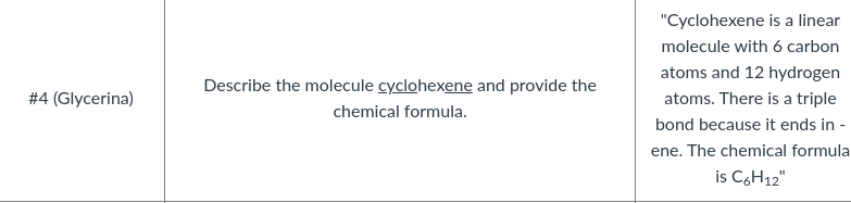 "Cyclohexene is a linear
molecule with 6 carbon
atoms and 12 hydrogen
Describe the molecule cyclohexene and provide the
#4 (Glycerina)
atoms. There is a triple
chemical formula.
bond because it ends in -
ene. The chemical formula
is C,H12"
