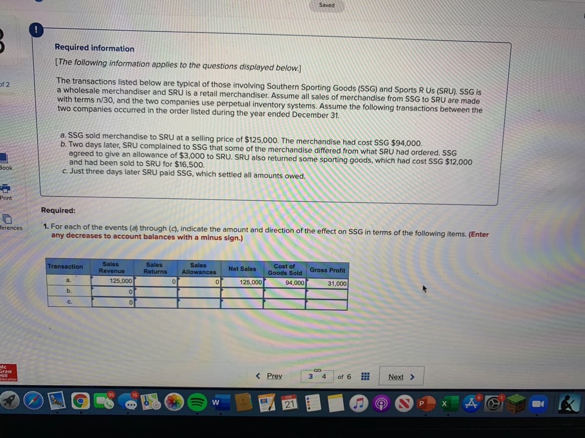 Saved
Required information
[The following information applies to the questions displayed below.]
The transactions listed below are typical of those involving Southern Sporting Goods (SSG) and Sports R Us (SRU). SSG is
a wholesale merchandiser and SRU is a retail merchandiser. Assume all sales of merchandise from SSG to SRU are made
with terms n/30, and the two companies use perpetual inventory systems. Assume the following transactions between the
two companies occurred in the order listed during the year ended December 31.
of 2
a. SSG sold merchandise to SRU at a selling price of $125,000. The merchandise had cost SSG $94,000.
b. Two days later, SRU complained to SSG that some of the merchandise differed from what SRU had ordered. SSG
agreed to give an allowance of $3,000 to SRU. SRU also returned some sporting goods, which had cost SSG $12,000
and had been sold to SRU for $16,500.
C. Just three days later SRU paid SSG, which settled all amounts owed.
Book
Print
Required:
1. For each of the events (a) through (c), indicate the amount and direction of the effect on SSG in terms of the following items. (Enter
any decreases to account balances with a minus sign.)
ferences
Sales
Revenue
Sales
Returns
Sales
Allowances
Cost of
Goods Sold
Transaction
Net Sales
Gross Profit
125,000
125,000
a.
94,000
31,000
b.
C.
MC
Graw
Hill
Education
< Prev
3
4.
of 6
Next >
35
15
FEB
21
