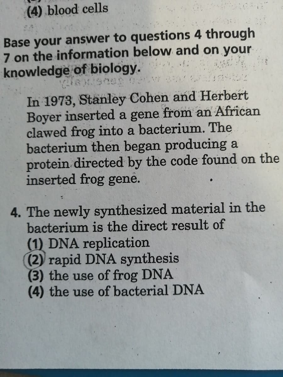 (4) blood cells
Base your answer to questions 4 through
7 on the information below and on your
knowledge of biology.
In 1973, Stanley Cohen and Herbert
Boyer inserted a gene from an African
clawed frog into a bacterium. The
bacterium then began producing a
protein directed by the code found on the
inserted frog gene.
4. The newly synthesized material in the
bacterium is the direct result of
(1) DNA replication
(2) rapid DNA synthesis
(3) the use of frog DNA
(4) the use of bacterial DNA
