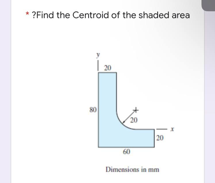 * ?Find the Centroid of the shaded area
y
20
80
20
20
60
Dimensions in mm
