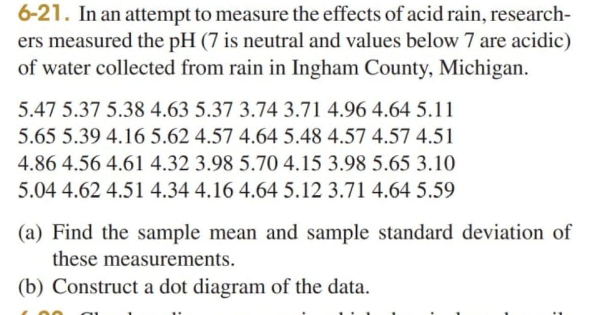 6-21. In an attempt to measure the effects of acid rain, research-
ers measured the pH (7 is neutral and values below 7 are acidic)
of water collected from rain in Ingham County, Michigan.
5.47 5.37 5.38 4.63 5.37 3.74 3.71 4.96 4.64 5.11
5.65 5.39 4.16 5.62 4.57 4.64 5.48 4.57 4.57 4.51
4.86 4.56 4.61 4.32 3.98 5.70 4.15 3.98 5.65 3.10
5.04 4.62 4.51 4.34 4.16 4.64 5.12 3.71 4.64 5.59
(a) Find the sample mean and sample standard deviation of
these measurements.
(b) Construct a dot diagram of the data.
