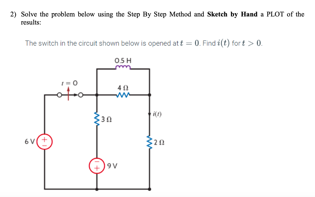 2) Solve the problem below using the Step By Step Method and Sketch by Hand a PLOT of the
results:
The switch in the circuit shown below is opened at t = 0. Find i(t) fort > 0.
6 V(+
t = 0
oto
302
0.5 H
4Ω
+ 9V
i(t)
{202
