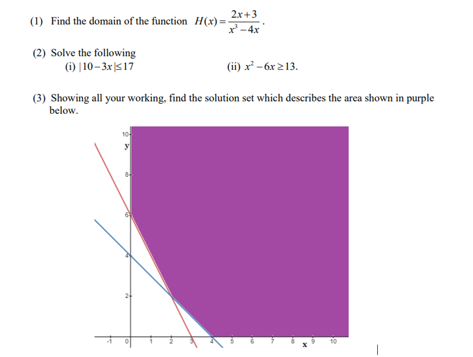 (1) Find the domain of the function H(x)=
2x+3
x' – 4x
(2) Solve the following
(i) |10– 3x|517
(ii) x? – 6x 213.
(3) Showing all your working, find the solution set which describes the area shown in purple
below,
10-
y
8
6.
2-
10
