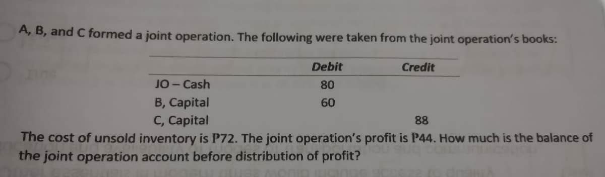 A, B, and C formed a joint operation. The following were taken from the joint operation's books:
Debit
Credit
JO-Cash
80
B, Capital
60
C, Capital
88
The cost of unsold inventory is P72. The joint operation's profit is P44. How much is the balance of
the joint operation account before distribution of profit?

