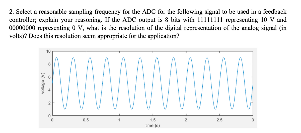 2. Select a reasonable sampling frequency for the ADC for the following signal to be used in a feedback
controller; explain your reasoning. If the ADC output is 8 bits with 11111111 representing 10 V and
00000000 representing 0 V, what is the resolution of the digital representation of the analog signal (in
volts)? Does this resolution seem appropriate for the application?
voltage (V)
10
8
2
0
0
0.5
wwwwww
1
1.5
time (s)
2
2.5
3