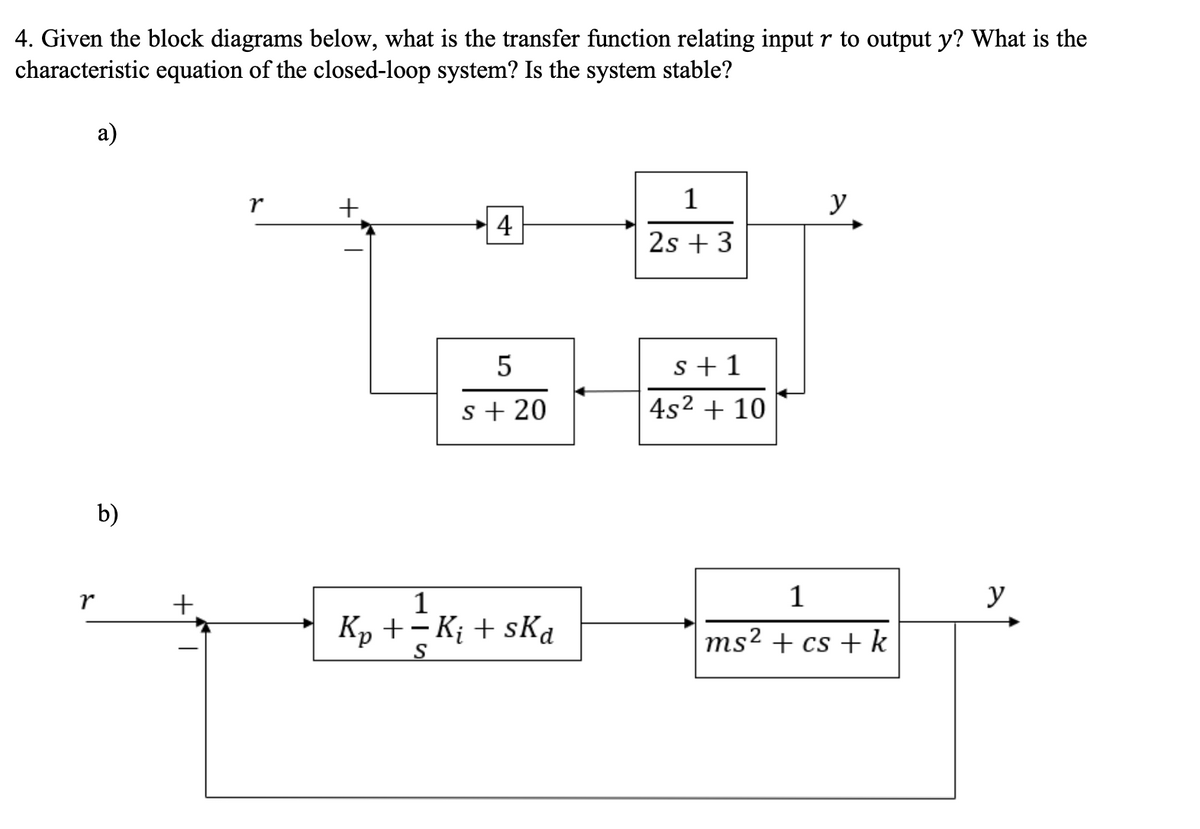 4. Given the block diagrams below, what is the transfer function relating input r to output y? What is the
characteristic equation of the closed-loop system? Is the system stable?
r
a)
b)
+
r
+
4
5
s + 20
1
Kp + − Ki + ska
S
1
2s + 3
s+1
4s² + 10
y
1
ms² + cs + k
y