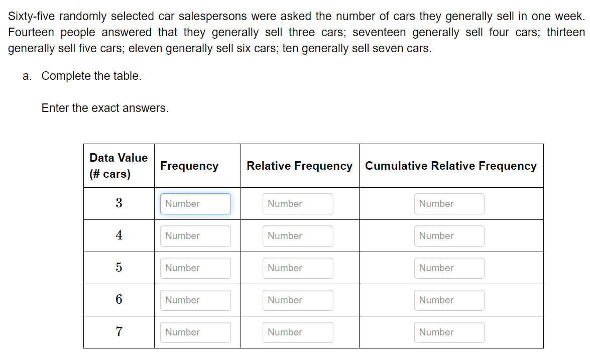 Sixty-five randomly selected car salespersons were asked the number of cars they generally sell in one week.
Fourteen people answered that they generally sell three cars; seventeen generally sell four cars; thirteen
generally sell five cars; eleven generally sell six cars; ten generally sell seven cars.
a. Complete the table.
Enter the exact answers.
Data Value
Frequency
Relative Frequency Cumulative Relative Frequency
(# cars)
3
Number
Number
Number
4
Number
Number
Number
Number
Number
Number
Number
Number
Number
7
Number
Number
Number
