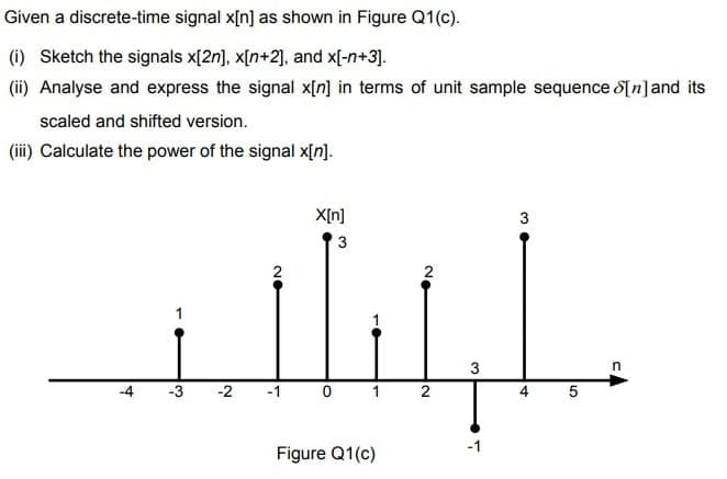 Given a discrete-time signal x[n] as shown in Figure Q1(c).
(i) Sketch the signals x[2n], x[n+2], and x[-n+3].
(ii) Analyse and express the signal x[n] in terms of unit sample sequence d[n]and its
scaled and shifted version.
(iii) Calculate the power of the signal x[n].
X[n]
3
3
2
3
-4
-2
1
4
-1
Figure Q1(c)
2.
3.
