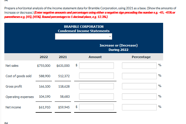 Prepare a horizontal analysis of the income statement data for Bramble Corporation, using 2021 as a base (Show the amounts of
increase or decrease.) (Enter negative amounts and percentoges using either a negative sign preceding the number eg -45.-45% or
parentheses eg (45). (45%). Round percentagesto 1 decimal place, eg. 12.3%)
BRAMBLE CORPORATION
Condensed Income Statements
Increase or (Decrease)
During 2022
2022
2021
Amount
Percentage
Net sales
$755,000
$631,000
%
Cost of goods sold
588,900
512,372
Gross profit
166,100
118,628
%
Operating expenses
104,190
58,683
%
Net income
$61,910
$59,945
(h)
