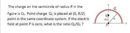 The charge on the semicircle of radius R in the
figüre is Q. Point charge Qz is placed at (0, R/2)
point in the same coordinate system. If the electric
field at point P is zero, what is the ratio Q/Q, ?
P
