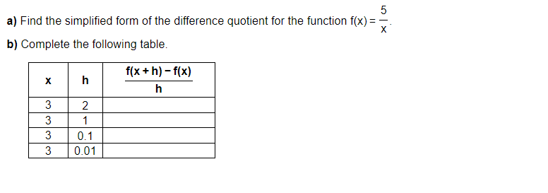 a) Find the simplified form of the difference quotient for the function f(x)=
b) Complete the following table.
3
3
3
3
2
1
0.1
0.01
f(x+h)-f(x)
h
5
==
X