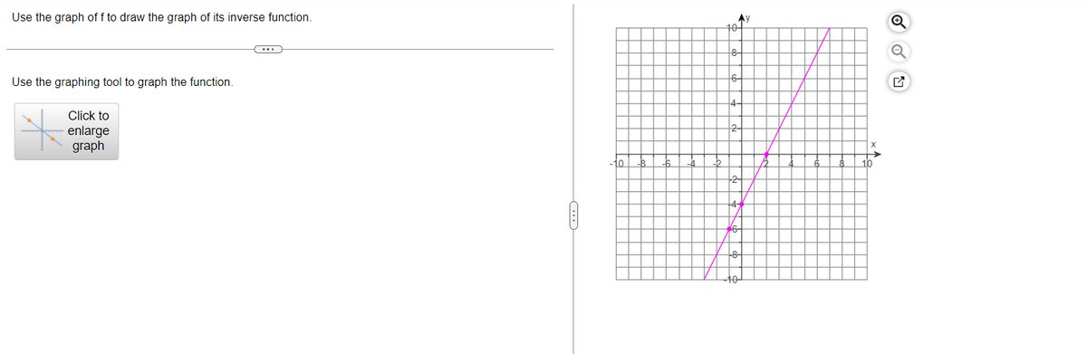 Use the graph of f to draw the graph of its inverse function.
Use the graphing tool to graph the function.
Click to
enlarge
graph
C
-10
-6
10
Ay
4-
10
Q