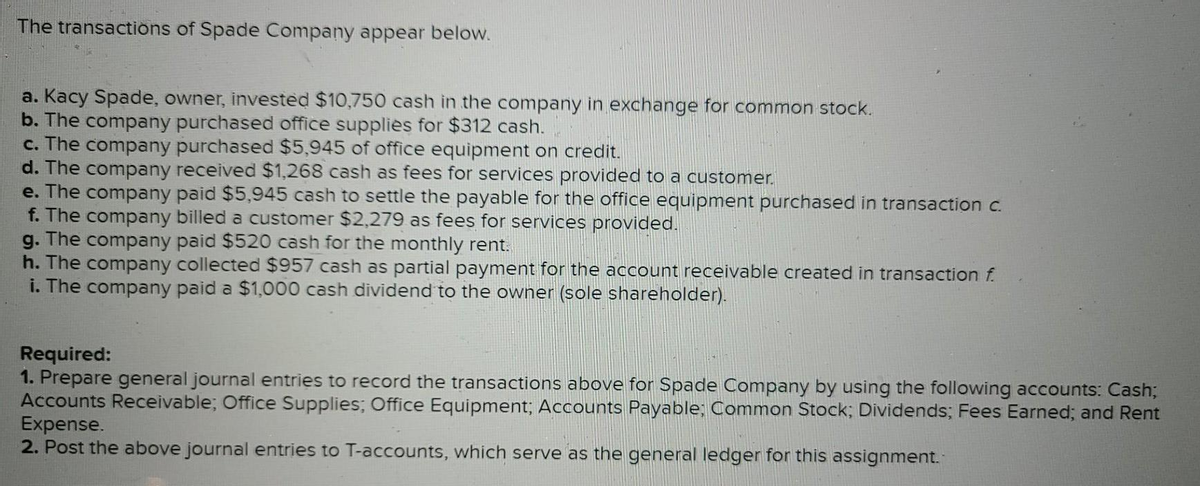 The transactions of Spade Company appear below.
a. Kacy Spade, owner, invested $10,750 cash in the company in exchange for common stock.
b. The company purchased office supplies for $312 cash.
c. The company purchased $5,945 of office equipment on credit.
d. The company received $1,268 cash as fees for services provided to a customer.
e. The company paid $5,945 cash to settle the payable for the office equipment purchased in transaction c.
f. The company billed a customer $2,279 as fees for services provided.
g. The company paid $520 cash for the monthly rent.
h. The company collected $957 cash as partial payment for the account receivable created in transaction f.
i. The company paid a $1,000 cash dividend to the owner (sole shareholder).
Required:
1. Prepare general journal entries to record the transactions above for Spade Company by using the following accounts: Cash;
Accounts Receivable; Office Supplies; Office Equipment; Accounts Payable; Common Stock; Dividends; Fees Earned; and Rent
Expense.
2. Post the above journal entries to T-accounts, which serve as the general ledger for this assignment.

