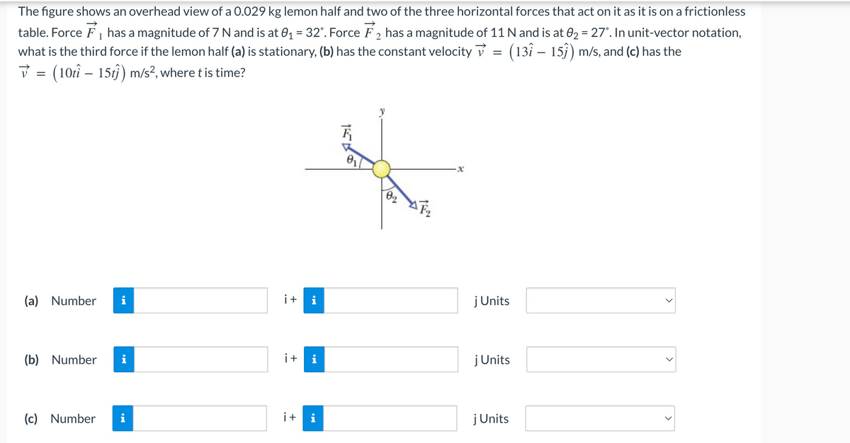 The figure shows an overhead view of a 0.029 kg lemon half and two of the three horizontal forces that act on it as it is on a frictionless
table. Force F₁ has a magnitude of 7 N and is at 0₁ = 32°. Force F2 has a magnitude of 11 N and is at 0₂ = 27°. In unit-vector notation,
what is the third force if the lemon half (a) is stationary, (b) has the constant velocity ✓ = (13î – 15ĵ) m/s, and (c) has the
✓ = (10ti - 15t)) m/s², where t is time?
0₁
-x
(a) Number
(b) Number
(c) Number i
i+
i+
i+
i
0₂
j Units
j Units
j Units