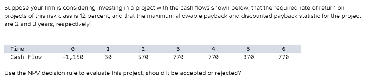 Suppose your firm is considering investing in a project with the cash flows shown below, that the required rate of return on
projects of this risk class is 12 percent, and that the maximum allowable payback and discounted payback statistic for the project
are 2 and 3 years, respectively.
Time
1
2
3
4
Cash Flow
-1,150
30
570
770
770
370
770
Use the NPV decision rule to evaluate this project; should it be accepted or rejected?
