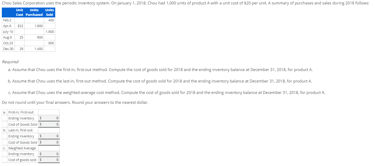 Chou Sales Corporation uses the periodic inventory system. On January 1, 2018, Chou had 1,000 units of product A with a unit cost of $20 per unit. A summary of purchases and sales during 2018 follows:
Unit
Units
Units
Cost Purchased Sold
Feb.2
400
Apr.6
$22
1,800
July 10
1,600
Aug.9
25
800
Oct.23
800
Dec.30
28
1,400
Required
a. Assume that Chou uses the first-in, first-out method. Compute the cost of goods sold for 2018 and the ending inventory balance at December 31, 2018, for product A.
b. Assume that Chou uses the last-in, first-out method. Compute the cost of goods sold for 2018 and the ending inventory balance at December 31, 2018, for product A.
c. Assume that Chou uses the weighted-average cost method. Compute the cost of goods sold for 2018 and the ending inventory balance at December 31, 2018, for product A.
Do not round until your final answers. Round your answers to the nearest dollar.
a. First-in, First-out:
Ending Inventory
Cost of Goods Sold $
b. Last-in, first-out:
Ending Inventory
24
Cost of Goods Sold $
c. Weighted Average
Ending Inventory
Cost of goods sold $
