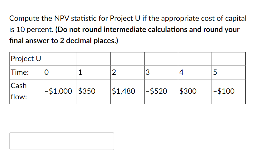 Compute the NPV statistic for Project U if the appropriate cost of capital
is 10 percent. (Do not round intermediate calculations and round your
final answer to 2 decimal places.)
Project U
Time:
|1
3
4
Cash
|-$1,000 $350
$1,480
-$520
$300
|-$100
flow:
