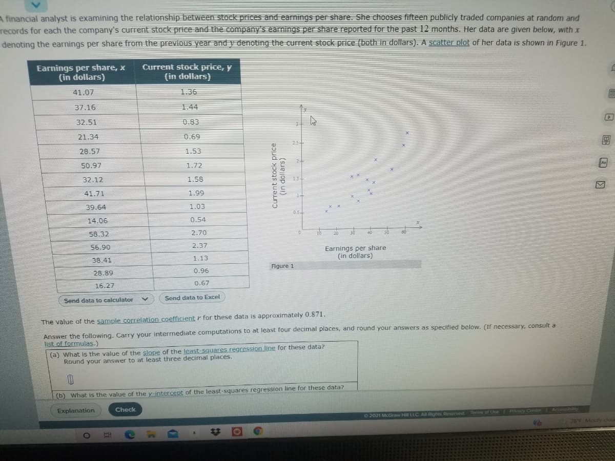 A financial analyst is examining the relationship between stock prices and earnings per share. She chooses fifteen publicly traded companies at random and
records for each the company's current stock price and the company's earnings per share reported for the past 12 months. Her data are given below, with x
denoting the earnings per share from the previous year and y denoting the current stock price (both in dollars). A scatter plot of her data is shown in Figure 1.
Earnings per share, x
(in dollars)
Current stock price, y
(in dollars)
41.07
1.36
37.16
1.44
32.51
0.83
21.34
0.69
28.57
1.53
50.97
1.72
32.12
1.58
41.71
1.99
39.64
1.03
14.06
0.54
58.32
2.70
2.37
Earnings per share
(in dollars)
56.90
38.41
1.13
Figure 1
28.89
0.96
0.67
16.27
Send data to calculator
Send data to Excel
The value of the sample correlation coefficient r for these data is approximately 0.871.
Answer the following. Carry your intermediate computations to at least four decimal places, and round your answers as specified below. (If necessary, consult a
list of formulas.)
(a) What is the value of the slope of the least-squares regression line for these data?
Round your answer to at least three decimal places.
(b) What is the value of the y-intercept of the least-squares regression line for these data?
Explanation
Check
Pivacy Conter Accessiblity
Terms of Use
02021 McGrow Hi LLC AR Rights Resorved
78F Mostly clou
2:
Current stock price
(in dollars)
回 国国
