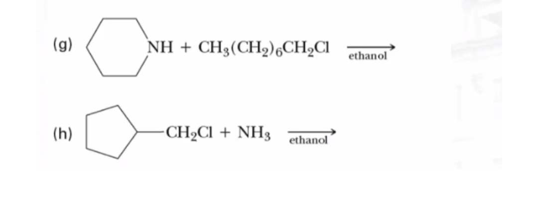 (g)
NH + CH3(CH2)6CH,CI
ethanol
(h)
-CH2CI + NH3
ethanol
