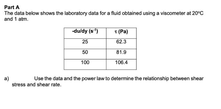 Part A
The data below shows the laboratory data for a fluid obtained using a viscometer at 20°C
and 1 atm.
-du/dy (s1)
t (Pa)
25
62.3
50
81.9
100
106.4
a)
stress and shear rate.
Use the data and the power law to determine the relationship between shear
