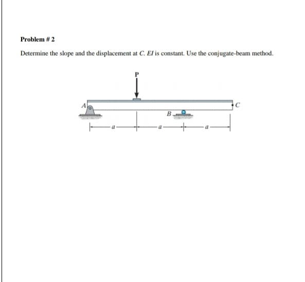 Problem # 2
Determine the slope and the displacement at C. El is constant. Use the conjugate-beam method.
A
B
