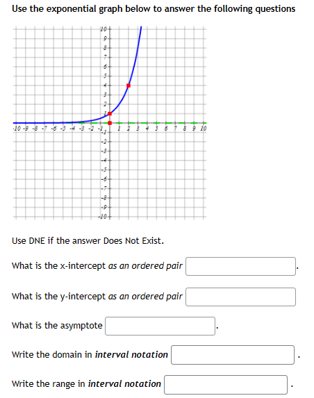 Use the exponential graph below to answer the following questions
-10-9-8-7-6-3-4-3-2
10+
9
8
6
$
4-
3
24
41
-3-
-4
-5
-6
-8-
-9.
-10+
Use DNE if the answer Does Not Exist.
6
What is the x-intercept as an ordered pair
What is the asymptote
What is the y-intercept as an ordered pair
8 9 10
Write the domain in interval notation
Write the range in interval notation