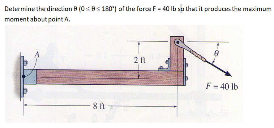 Determine the direction 0 (0<0< 180°) of the force F = 40 lb sp that it produces the maximum
moment about point A.
A
2 ft
F = 40 lb
8 ft -
