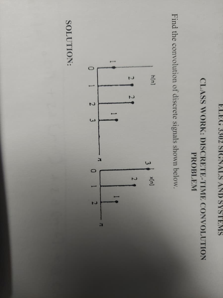 ELEG 3302 SIGNALS AND SYSTEMS
CLASS WORK: DISCRETE-TIME CONVOLUTION
PROBLEM
Find the convolution of discrete signals shown below.
h[n]
x[n]
0 1 2 3
0 1 2
SOLUTION:
