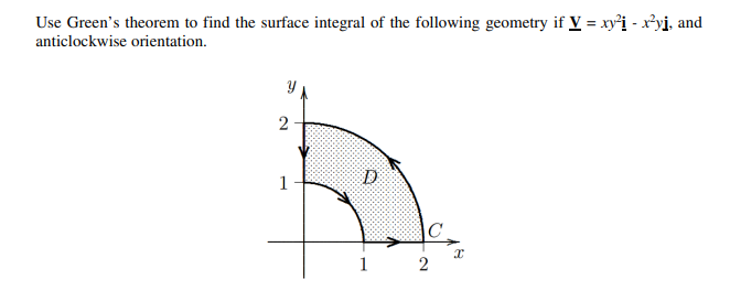 Use Green's theorem to find the surface integral of the following geometry if V = xy'i - x³yj, and
anticlockwise orientation.
2
1
D
|C
1
