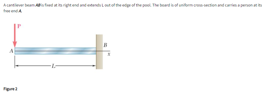 A cantilever beam ABis fixed at its right end and extends L out of the edge of the pool. The board is of uniform cross-section and carries a person at its
free end A.
B
-L-
Figure 2
