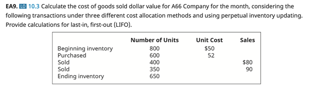EA9. LO 10.3 Calculate the cost of goods sold dollar value for A66 Company for the month, considering the
following transactions under three different cost allocation methods and using perpetual inventory updating.
Provide calculations for last-in, first-out (LIFO).
IT:
Number of Units
Unit Cost
Sales
800
Beginning inventory
Purchased
$50
600
52
Sold
400
$80
Sold
350
90
Ending inventory
650
