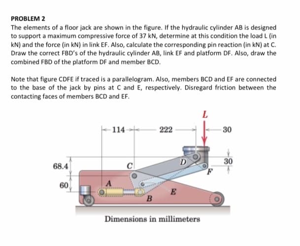 PROBLEM 2
The elements of a floor jack are shown in the figure. If the hydraulic cylinder AB is designed
to support a maximum compressive force of 37 kN, determine at this condition the load L (in
kN) and the force (in kN) in link EF. Also, calculate the corresponding pin reaction (in kN) at C.
Draw the correct FBD's of the hydraulic cylinder AB, link EF and platform DF. Also, draw the
combined FBD of the platform DF and member BCD.
Note that figure CDFE if traced is a parallelogram. Also, members BCD and EF are connected
to the base of the jack by pins at C and E, respectively. Disregard friction between the
contacting faces of members BCD and EF.
L
114
222
30
30
68.4
60
E
B
Dimensions in millimeters
