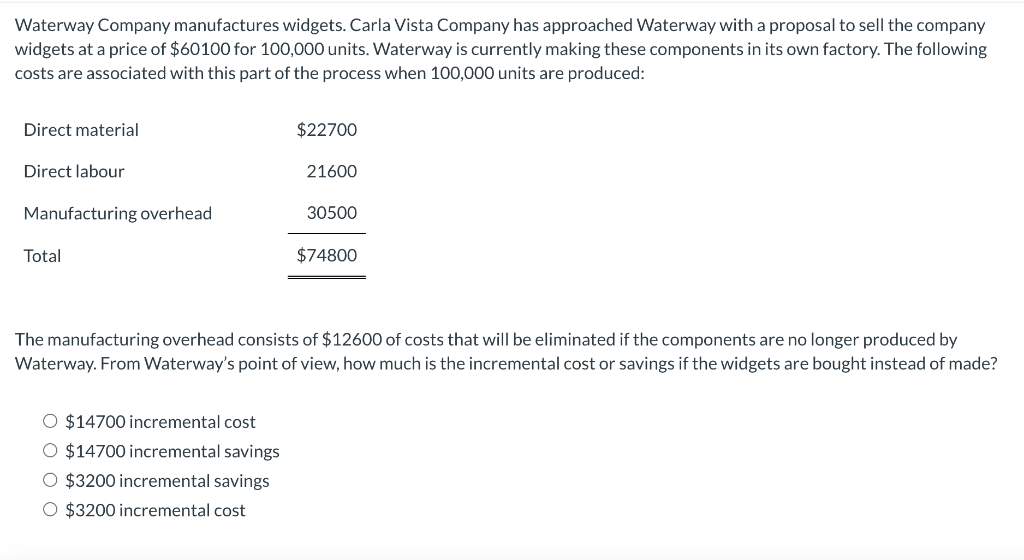 Waterway Company manufactures widgets. Carla Vista Company has approached Waterway with a proposal to sell the company
widgets at a price of $60100 for 100,000 units. Waterway is currently making these components in its own factory. The following
costs are associated with this part of the process when 100,000 units are produced:
Direct material
$22700
Direct labour
21600
Manufacturing overhead
30500
Total
$74800
The manufacturing overhead consists of $12600 of costs that will be eliminated if the components are no longer produced by
Waterway. From Waterway's point of view, how much is the incremental cost or savings if the widgets are bought instead of made?
O $14700 incremental cost
O $14700 incremental savings
O $3200 incremental savings
O $3200 incremental cost
