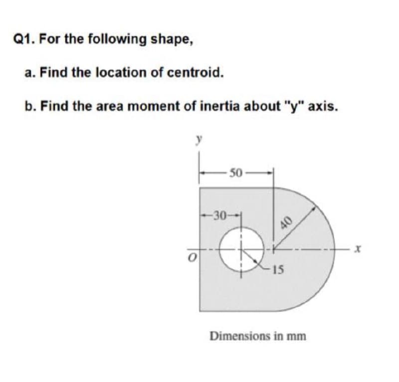 Q1. For the following shape,
a. Find the location of centroid.
b. Find the area moment of inertia about "y" axis.
50
-30-
40
15
Dimensions in mm
