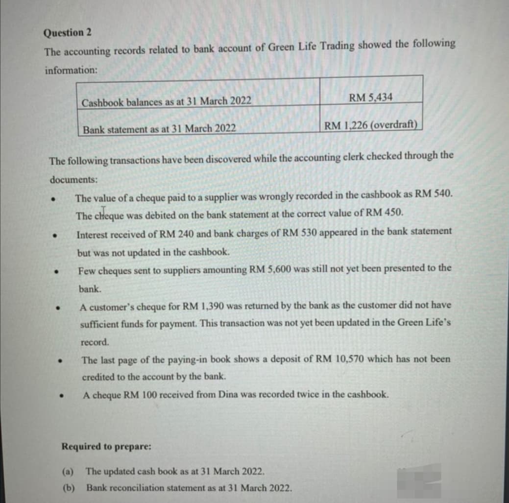 Question 2
The accounting records related to bank account of Green Life Trading showed the following
information:
RM 5,434
Cashbook balances as at 31 March 2022
Bank statement as at 31 March 2022
RM 1,226 (overdraft)
The following transactions have been discovered while the accounting elerk checked through the
documents:
The value of a cheque paid to a supplier was wrongly recorded in the cashbook as RM 540.
The cheque was dèbited on the bank statement at the correct value of RM 450.
Interest received of RM 240 and bank charges of RM 530 appeared in the bank statement
but was not updated in the cashbook.
Few cheques sent to suppliers amounting RM 5,600 was still not yet been presented to the
bank.
A customer's cheque for RM 1,390 was returned by the bank as the customer did not have
sufficient funds for payment. This transaction was not yet been updated in the Green Life's
record.
The last page of the paying-in book shows a deposit of RM 10,570 which has not been
credited to the account by the bank.
A cheque RM 100 received from Dina was recorded twice in the cashbook.
Required to prepare:
(a)
The updated cash book as at 31 March 2022.
(b) Bank reconciliation statement as at 31 March 2022.
