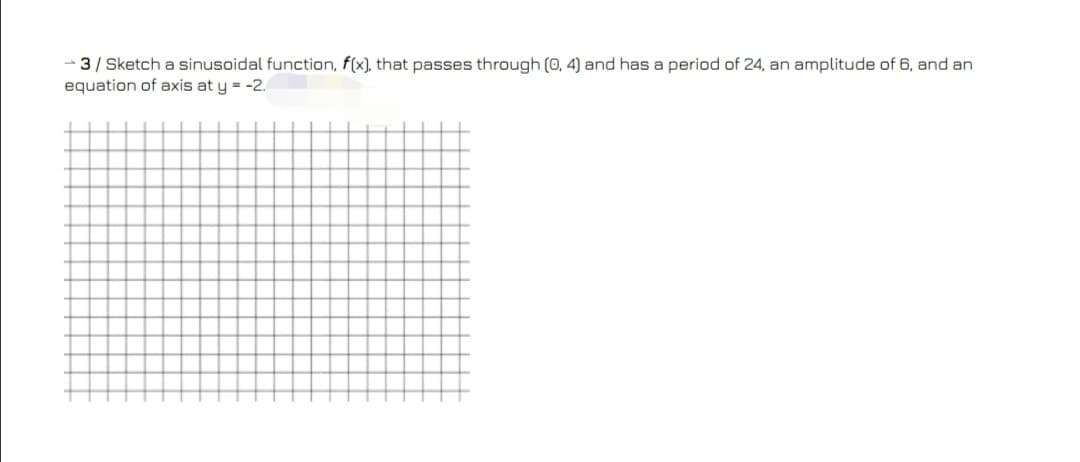 3/Sketch a sinusoidal function, f(x), that passes through (0, 4) and has a period of 24, an amplitude of 6, and an
equation of axis at y = -2.
