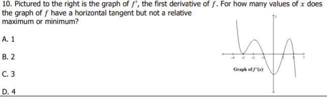 10. Pictured to the right is the graph of f', the first derivative of f. For how many values of x does
the graph of f have a horizontal tangent but not a relative
maximum or minimum?
А. 1
В. 2
Graph of f')
С. 3
D. 4
