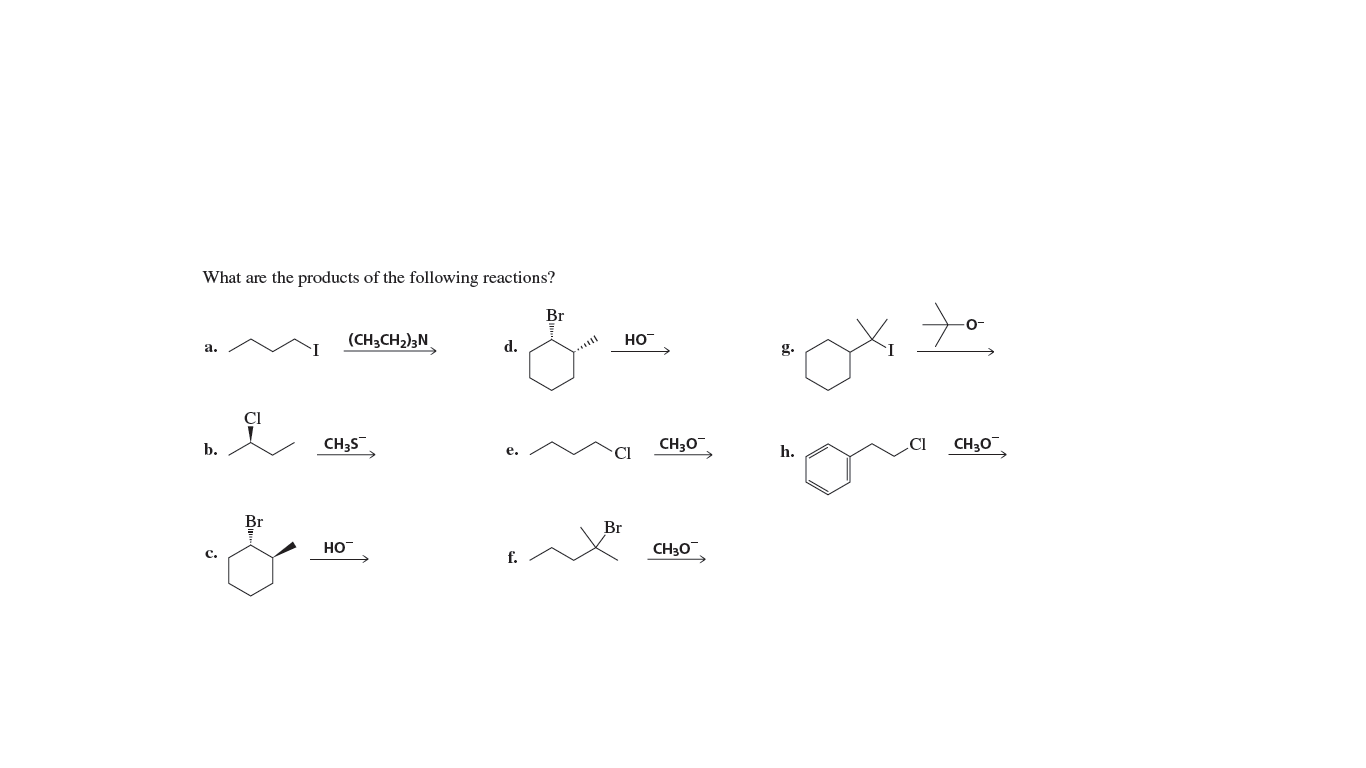 What are the products of the following reactions?
to
Br
(CH3CH2)3N
d.
Но
а.
g.
CI
b.
CH;S
CH30
CH30
е.
CI
h.
Br
Br
HO
CH30
