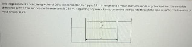 Two large reservoirs containing water ot 20°C are connected by a pipe, 9.7 m in length and 3 mgm in diometer, mode of galvanized iron. The elevation
difference of two tree surfaces in the reservoirs is 0.55 m. Neglecting any minor lonses, determine the flow rate through the pipe in Im/sl The tolerance of
your answer is 2%

