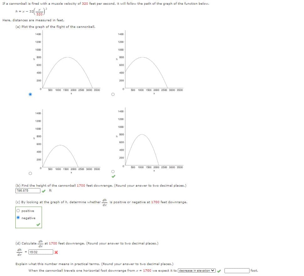 If a cannonball is fired with a muzzle velocity of 320 feet per second, it will follow the path of the graph of the function below.
h = x - 32
320
Here, distances are measured in feet.
(a) Plot the graph of the flight of the cannonball.
1400
1400
1200
1200
1000
1000
800
800
600
600
400
400
200
200
500 1000 1500 2000 2500 3000 3500
500 1000 1500 2000 2500 3000 3500
1400
1400
1200
1200
1000
1000
800
800
600
600
400
400
200
200
500 1000 1500 2000 2500 3000 3500
500 1000 1500 2000 2500 3000 3500
(b) Find the height of the cannonball 1700 feet downrange. (Round your answer to two decimal places.)
798.875
V ft
(c) By looking at the graph of h, determine whether on
is positive or negative at 1700 feet downrange.
dx
O positive
O negative
dh
at 1700 feet downrange. (Round your answer to two decimal places.)
dx
(d) Calculate
dh
= 15/32
dx
Explain what this number means in practical terms. (Round your answer to two decimal places.)
When the cannonball travels one horizontal foot downrange from x = 1700 we expect it to decrease in elevation v
foot.
