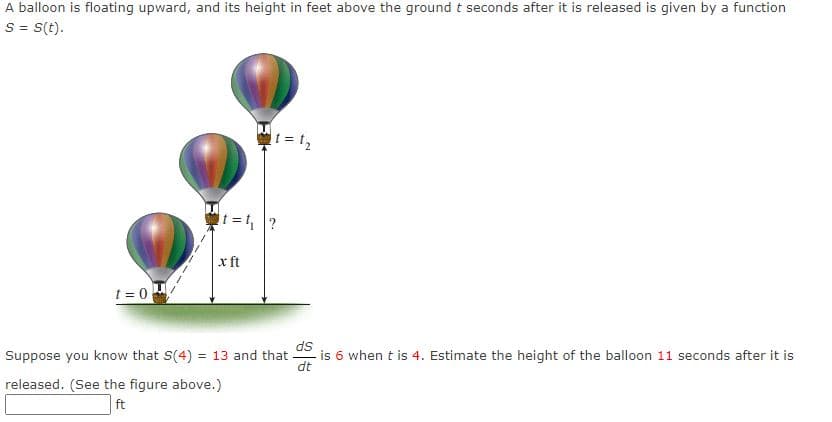 A balloon is floating upward, and its height in feet above the ground t seconds after it is released is given by a function
S = S(t).
x ft
1 = 0
ds
Suppose you know that S(4) = 13 and that is 6 when t is 4. Estimate the height of the balloon 11 seconds after it is
dt
released. (See the figure above.)
ft
