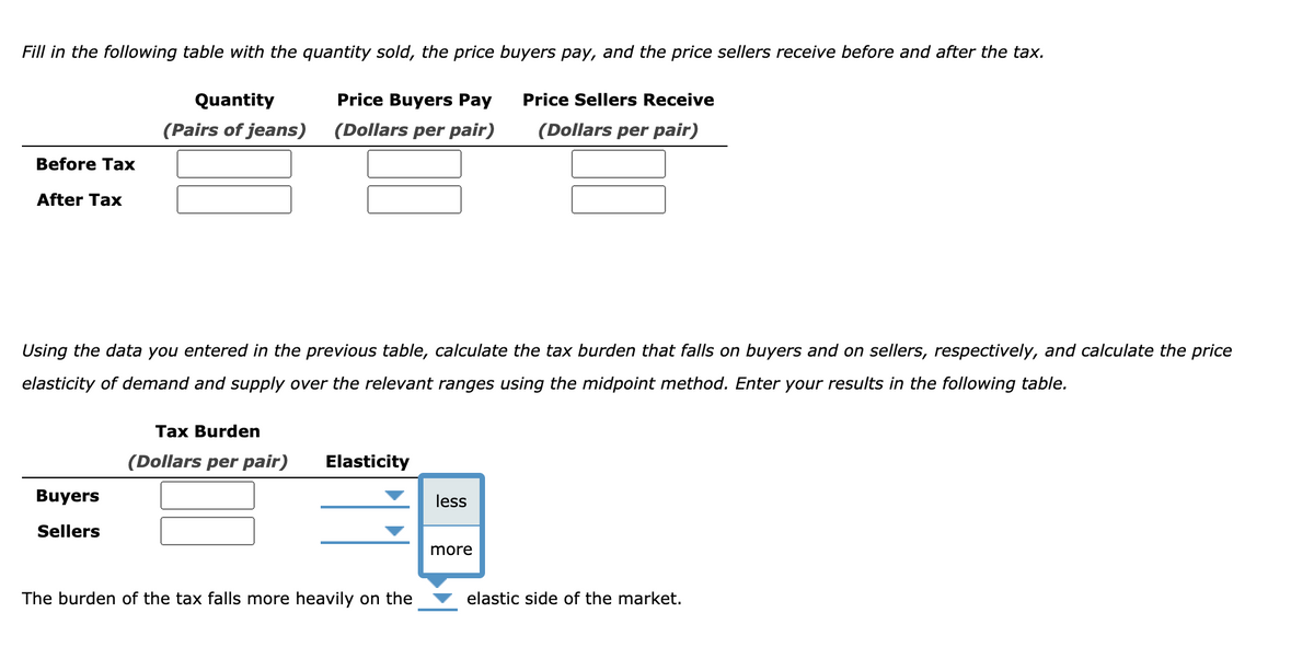 Fill in the following table with the quantity sold, the price buyers pay, and the price sellers receive before and after the tax.
Quantity
Price Buyers Pay
Price Sellers Receive
(Pairs of jeans)
(Dollars per pair)
(Dollars per pair)
Before Tax
After Tax
Using the data you entered in the previous table, calculate the tax burden that falls on buyers and on sellers, respectively, and calculate the price
elasticity of demand and supply over the relevant ranges using the midpoint method. Enter your results in the following table.
Tax Burden
(Dollars per pair)
Elasticity
Buyers
less
Sellers
more
The burden of the tax falls more heavily on the
elastic side of the market.
