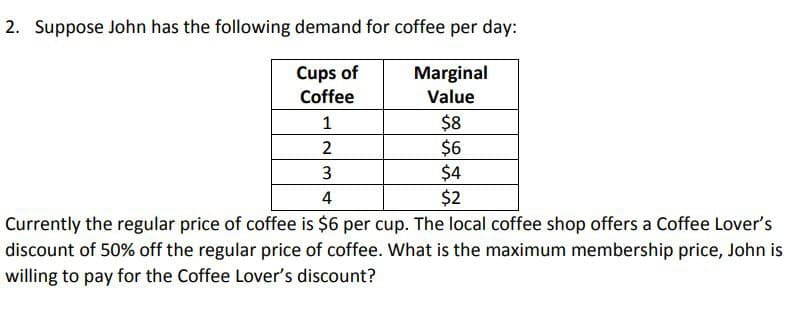 2. Suppose John has the following demand for coffee per day:
Cups of
Marginal
Coffee
Value
1
$8
2
$6
3
$4
4
$2
Currently the regular price of coffee is $6 per cup. The local coffee shop offers a Coffee Lover's
discount of 50% off the regular price of coffee. What is the maximum membership price, John is
willing to pay for the Coffee Lover's discount?