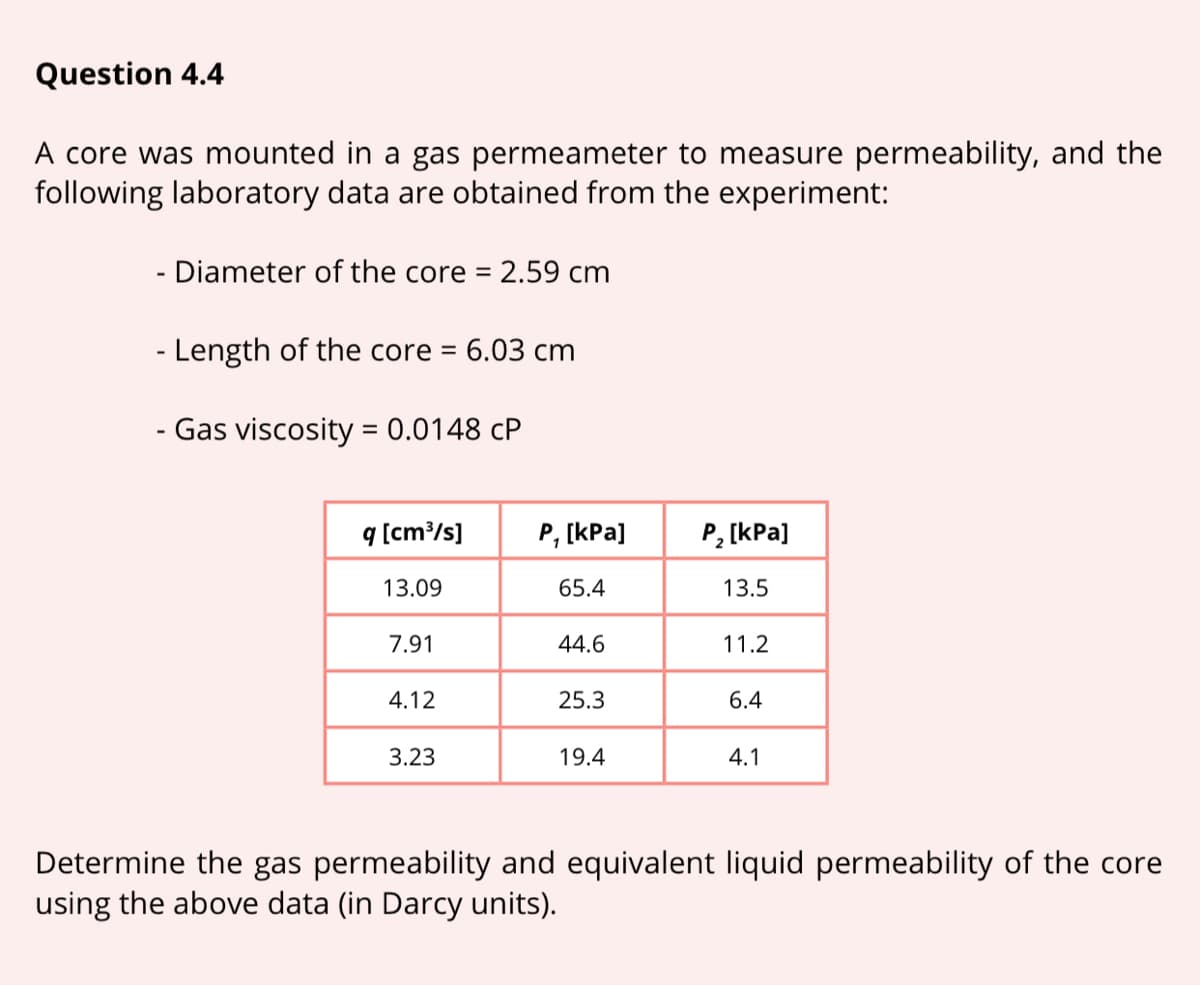 Question 4.4
A core was mounted in a gas permeameter to measure permeability, and the
following laboratory data are obtained from the experiment:
Diameter of the core = 2.59 cm
- Length of the core = 6.03 cm
- Gas viscosity = 0.0148 cP
q [cm/s]
Р, [КРa]
P, [kPa]
13.09
65.4
13.5
7.91
44.6
11.2
4.12
25.3
6.4
3.23
19.4
4.1
Determine the gas permeability and equivalent liquid permeability of the core
using the above data (in Darcy units).
