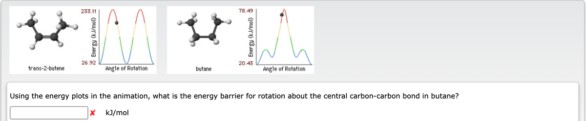 trans-2-butene
233.11
Energy (kJ/mo1)
26.92
Angle of Rotation
butane
kJ/mol
78.49
Energy (kJ/mo1)
20.43
Angle of Rotation
Using the energy plots in the animation, what is the energy barrier for rotation about the central carbon-carbon bond in butane?
X