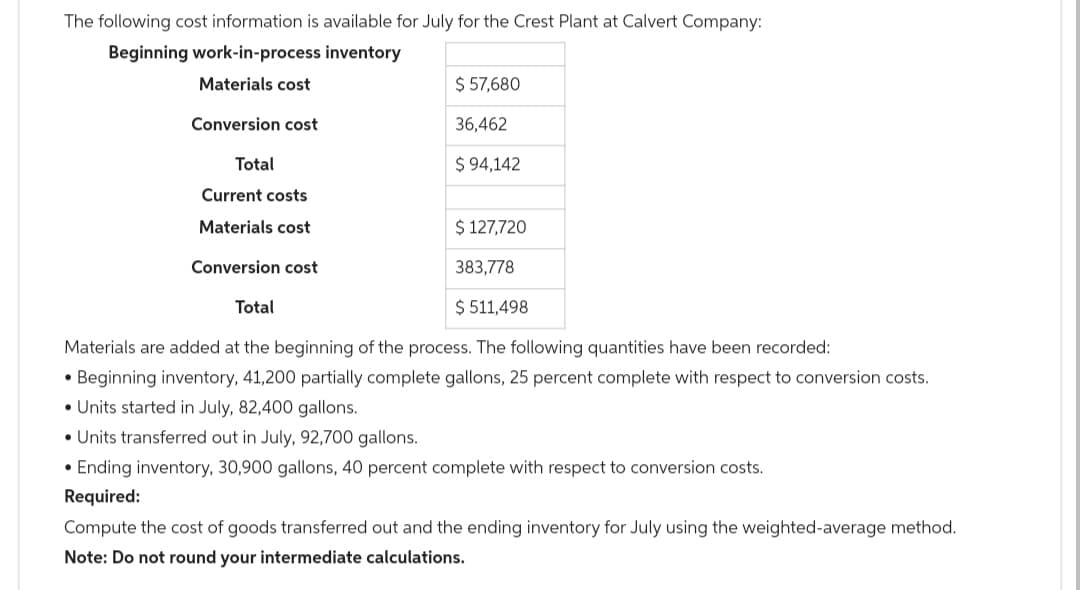 The following cost information is available for July for the Crest Plant at Calvert Company:
Beginning work-in-process inventory
Materials cost
Conversion cost
Total
Current costs
Materials cost
$ 57,680
36,462
$94,142
$ 127,720
383,778
Total
$ 511,498
Materials are added at the beginning of the process. The following quantities have been recorded:
• Beginning inventory, 41,200 partially complete gallons, 25 percent complete with respect to conversion costs.
• Units started in July, 82,400 gallons.
• Units transferred out in July, 92,700 gallons.
Conversion cost
• Ending inventory, 30,900 gallons, 40 percent complete with respect to conversion costs.
Required:
Compute the cost of goods transferred out and the ending inventory for July using the weighted-average method.
Note: Do not round your intermediate calculations.