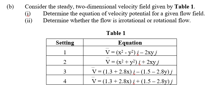 Consider the steady, two-dimensional velocity field given by Table 1.
(i)
(ii)
(b)
Determine the equation of velocity potential for a given flow field.
Determine whether the flow is irrotational or rotational flow.
Table 1
Setting
Equation
V = (x² - y²) į – 2xy j
V= (x² + y²) į + 2xy j
V%3(1.3 +2.8х) і — (1.5— 2.8у)ј
V%3D(1.3 + 2.8х) і+ (1.5— 2.8y)ј
1
%3D
4
3.
