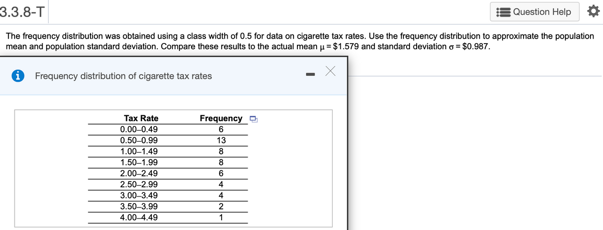 3.3.8-T
Question Help
The frequency distribution was obtained using a class width of 0.5 for data on cigarette tax rates. Use the frequency distribution to approximate the population
mean and population standard deviation. Compare these results to the actual mean u = $1.579 and standard deviation o = $0.987.
Frequency distribution of cigarette tax rates
Tax Rate
Frequency
0.00–0.49
0.50–0.99
13
1.00–1.49
8.
1.50–1.99
8
2.00–2.49
2.50–2.99
4
3.00–3.49
4
3.50–3.99
4.00–4.49
1
